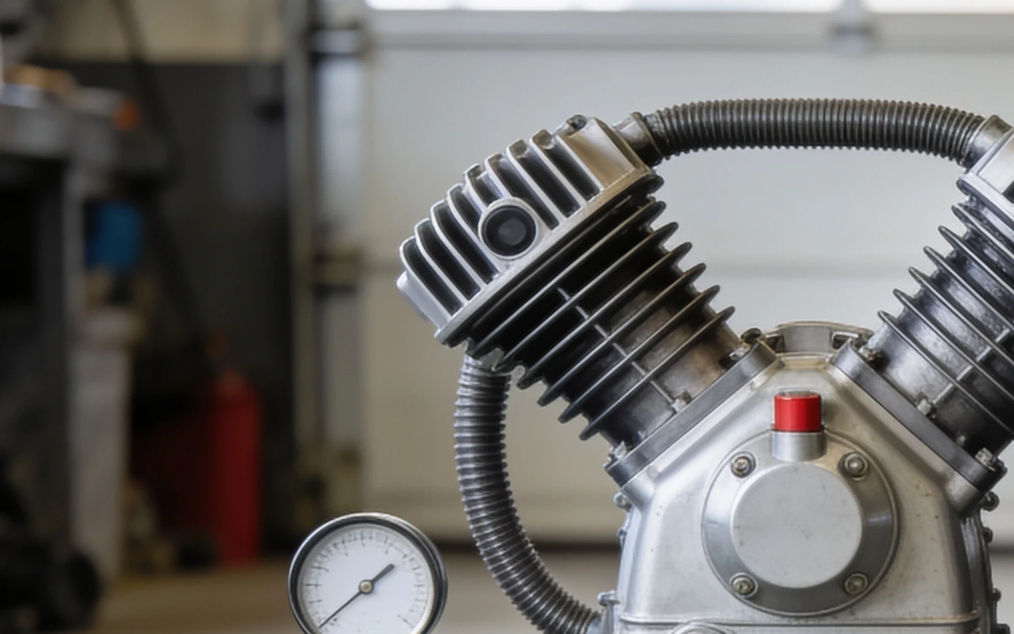 Pumpenkopf eines Kolbenkompressors mit Manometer